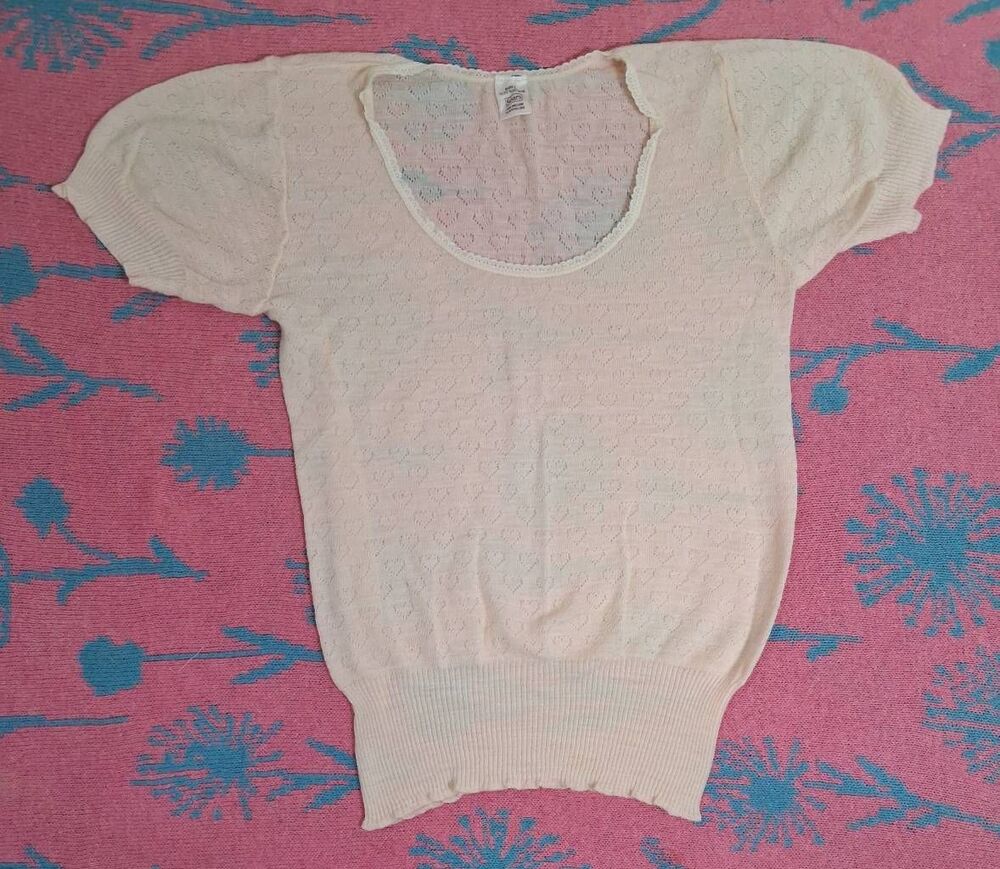 Vintage Sears womens large fine merino wool top cream blouse shortsleeve in usa